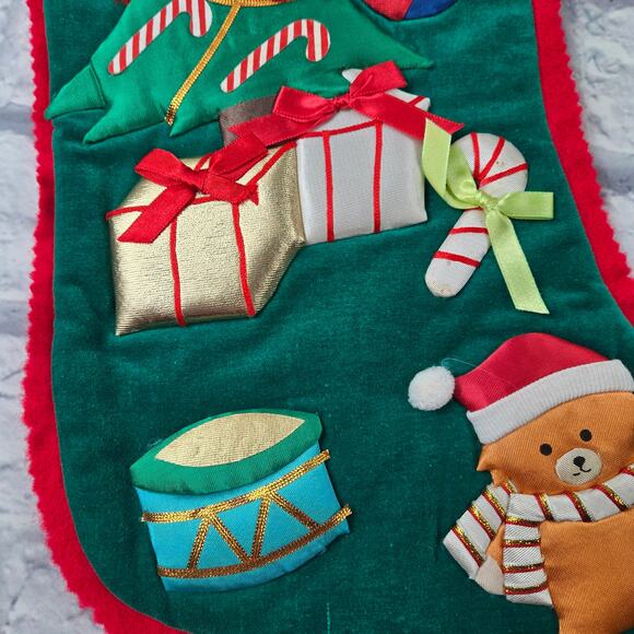 VTG Christmas Tree Gift Green Velvet Christmas Stocking Applique Drum Teddy Bear - Picture 3 of 9